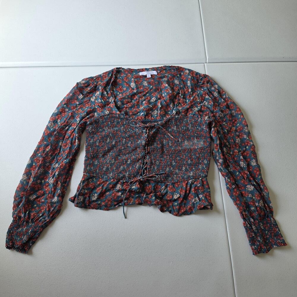 Fairy Grunge Cottagecore Whimsy Intermix Top 6 Blue Floral Silk Smocked Peplum